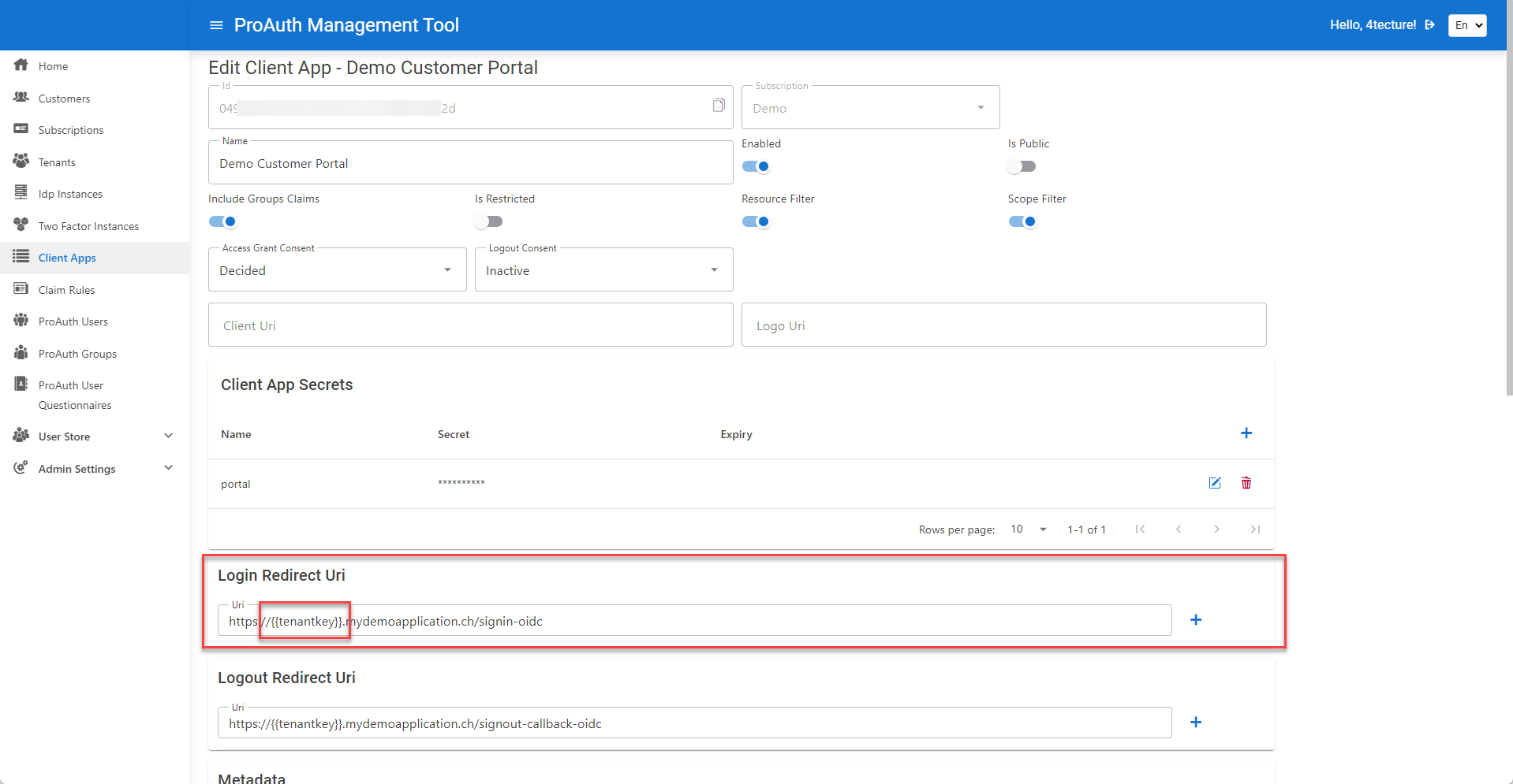 Configure the redirect URI with a tenant key