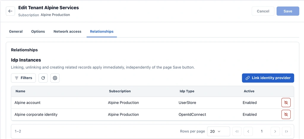 Tenant relationships in ProAuth Admin, open large view