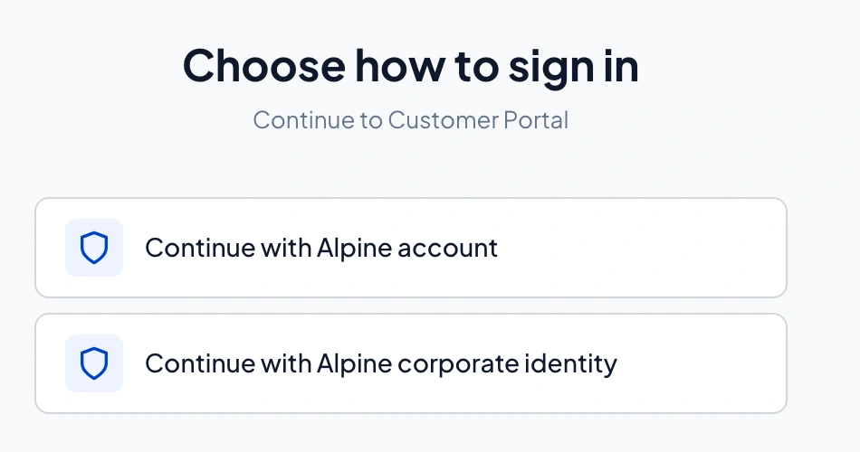 Continue with Alpine account · Continue with Alpine corporate identity