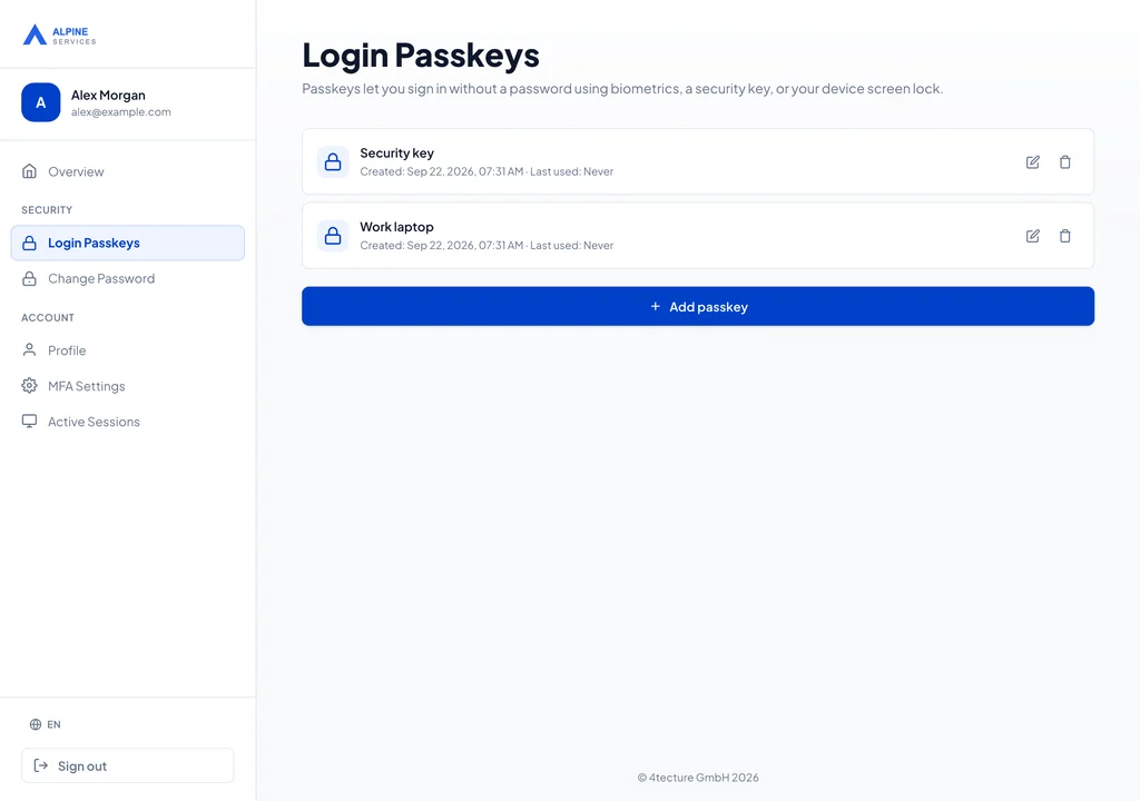 Real ProAuth Account Management passkey view