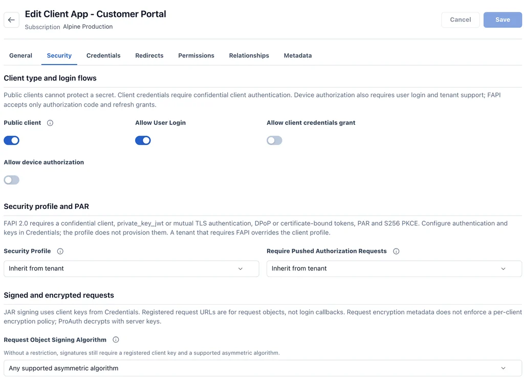ProAuth client configuration showing flows and security profile